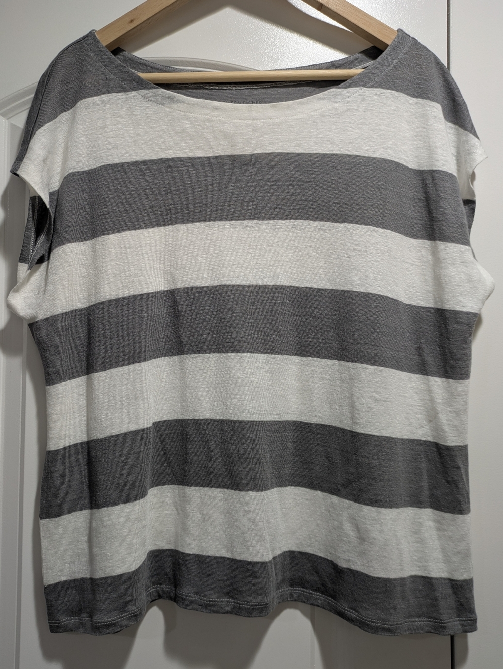 Eileen Fisher Organic Linen White & Gray Striped Ballet Neck Shirt Sz M